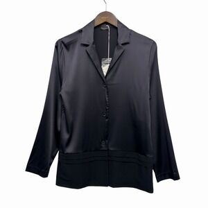 La Perla NEW $438 Womens Sz Small Black Button Front Satin Silk Long Sleeve Top